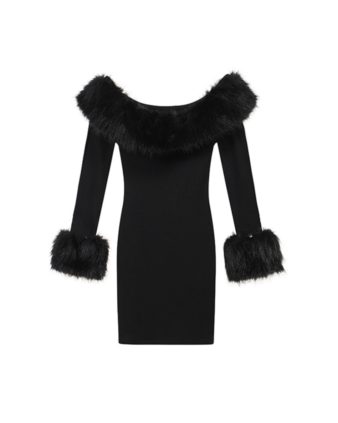 Black Swan Off-Shoulder Fur-Trim Dress