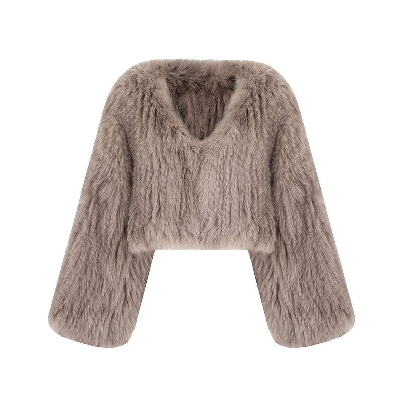 Chic V-Neck Raccoon Fur Cropped Coat