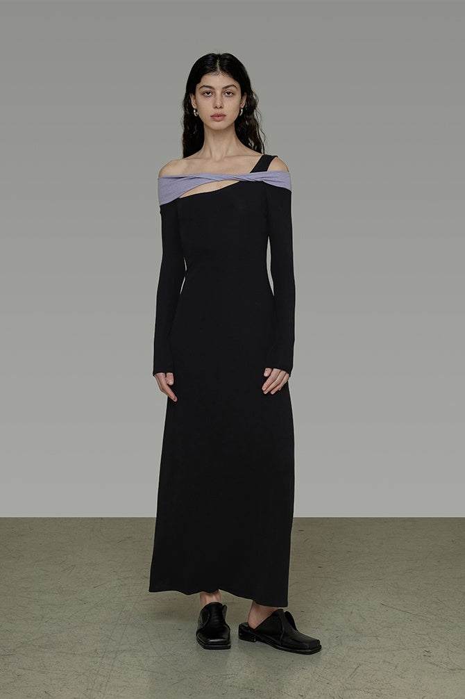 Sculpted Contrast Off-Shoulder Gown