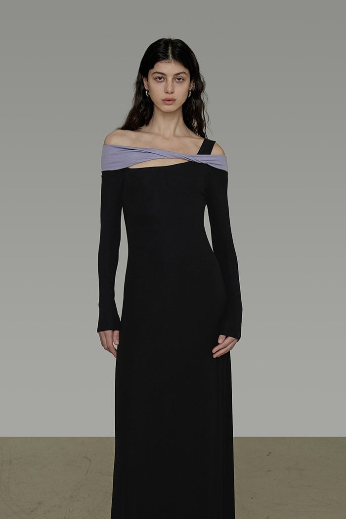Sculpted Contrast Off-Shoulder Gown