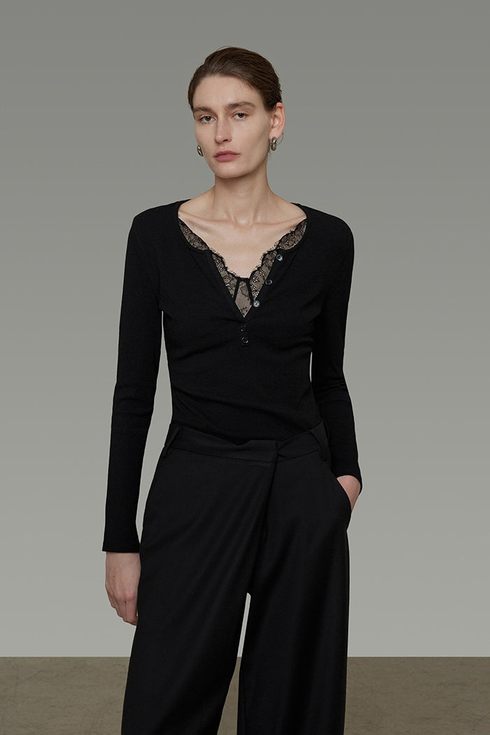 Elegance Knit: Sculpted Lace V-Neck Top