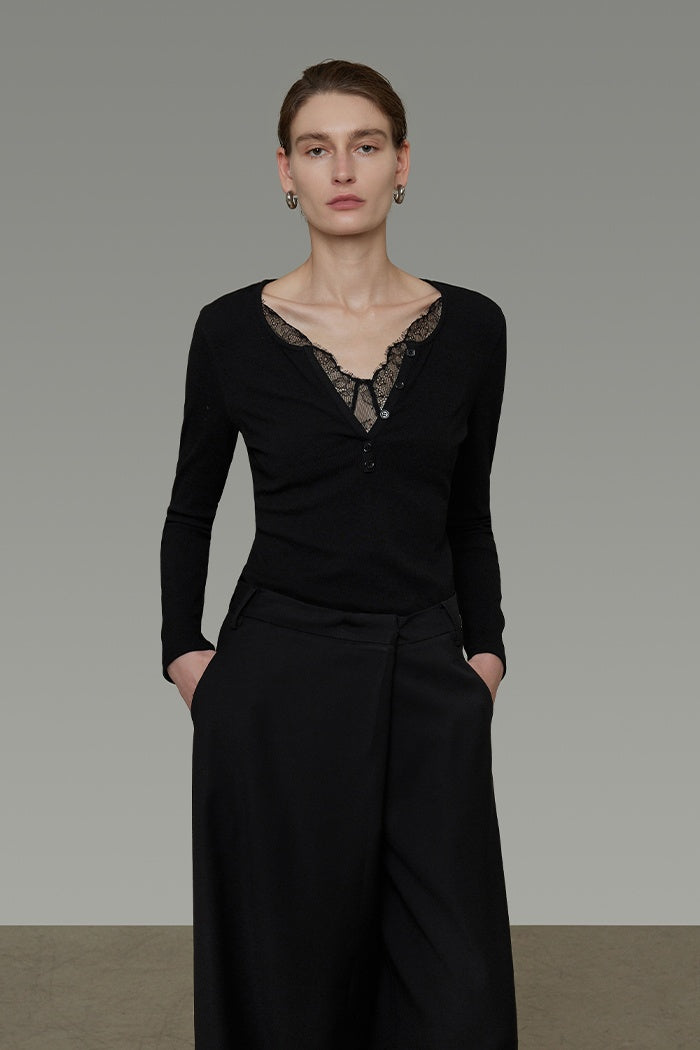 Elegance Knit: Sculpted Lace V-Neck Top