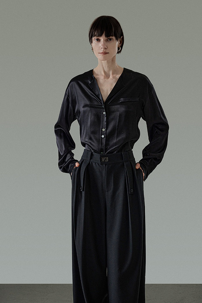 Chic French Satin V-Neck Blouse