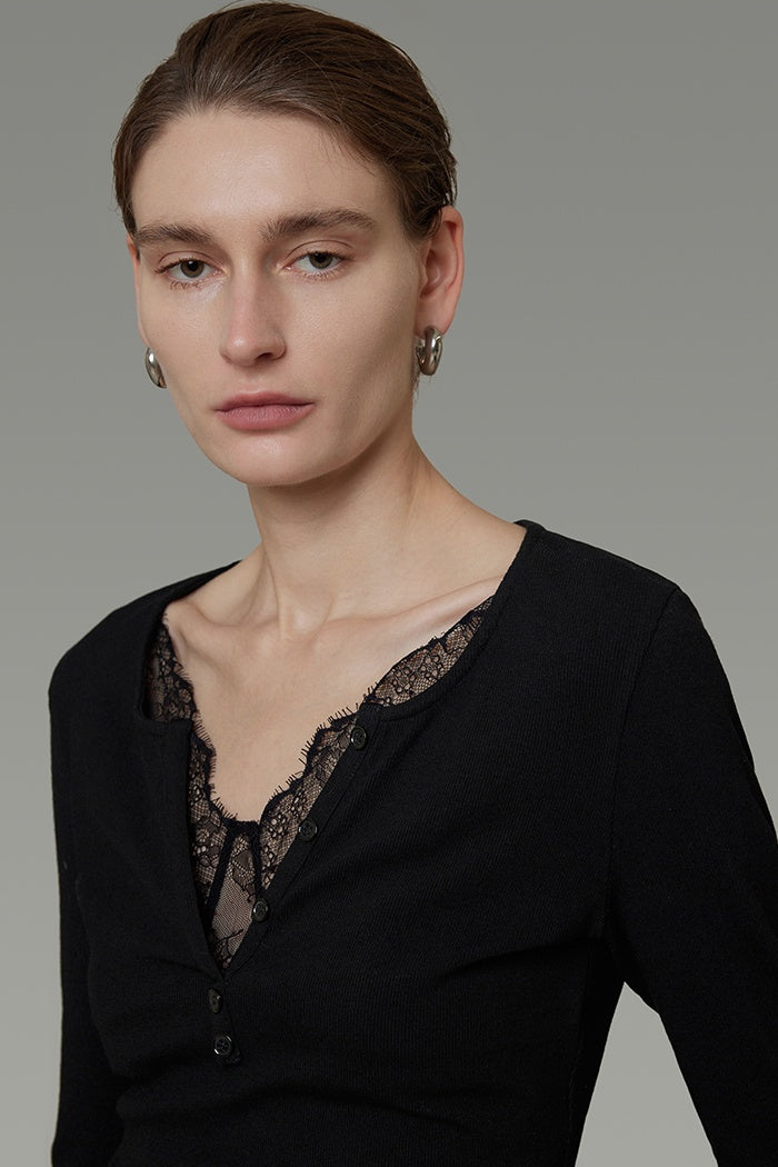 Elegance Knit: Sculpted Lace V-Neck Top