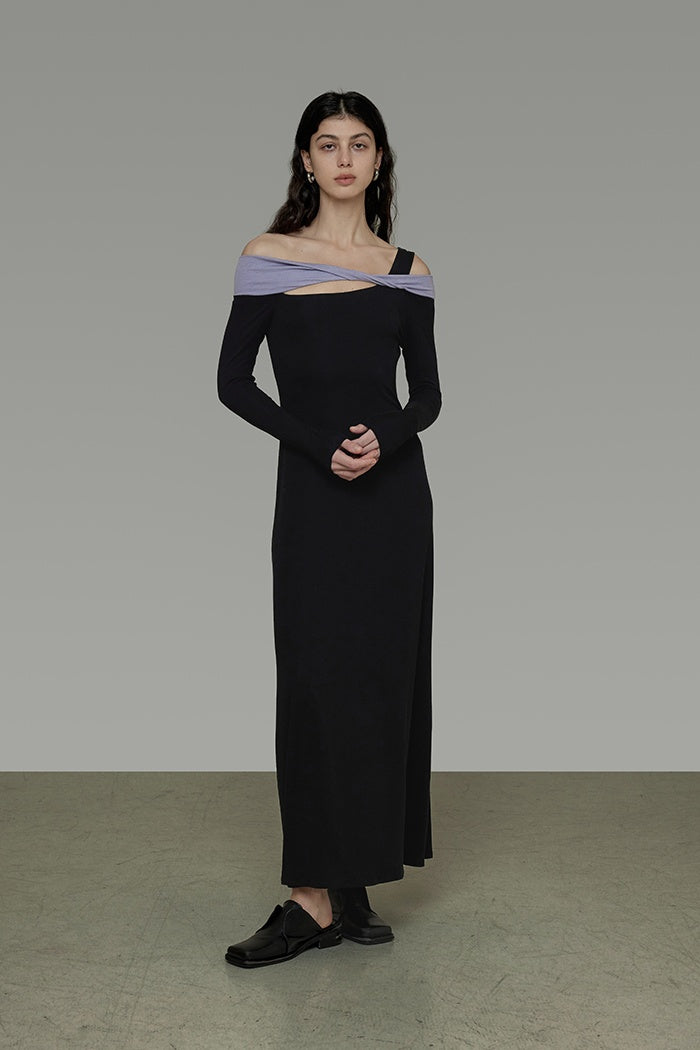 Sculpted Contrast Off-Shoulder Gown