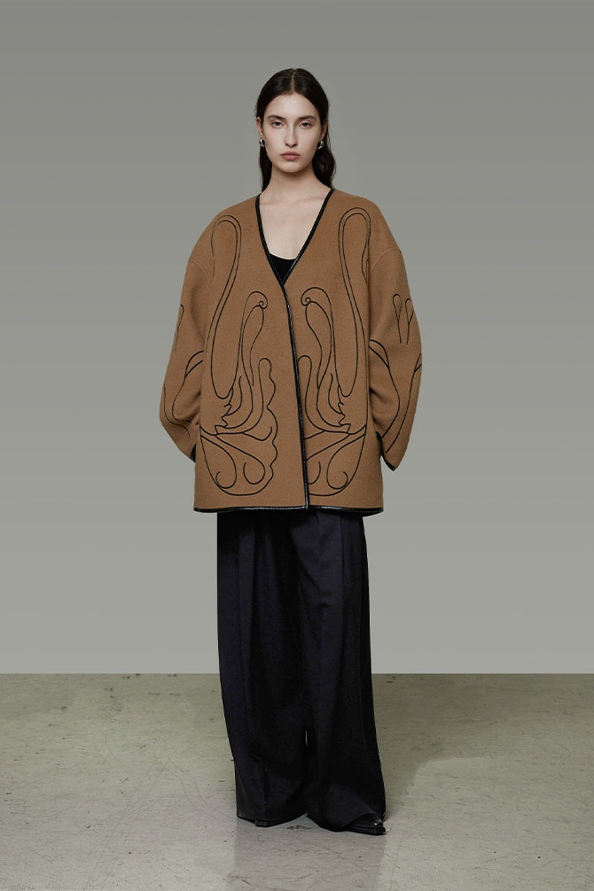 Curated Wool Embroidered V-Neck Coat