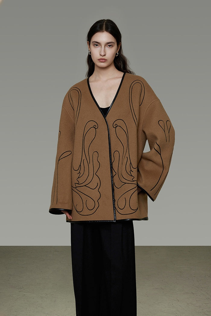 Curated Wool Embroidered V-Neck Coat