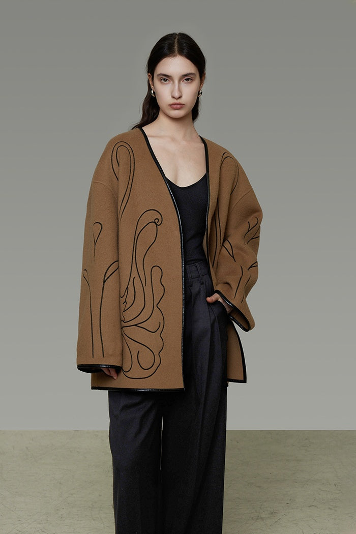 Curated Wool Embroidered V-Neck Coat