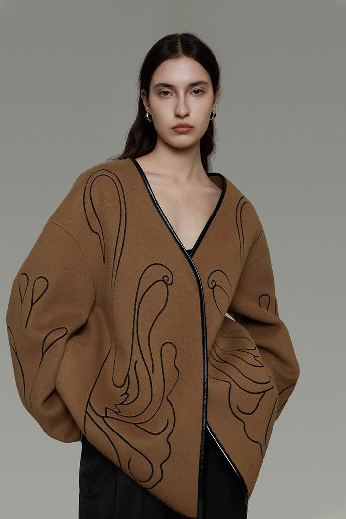 Curated Wool Embroidered V-Neck Coat