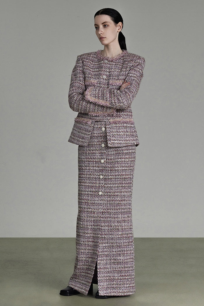 Woven Ribbon Tweed Maxi Skirt