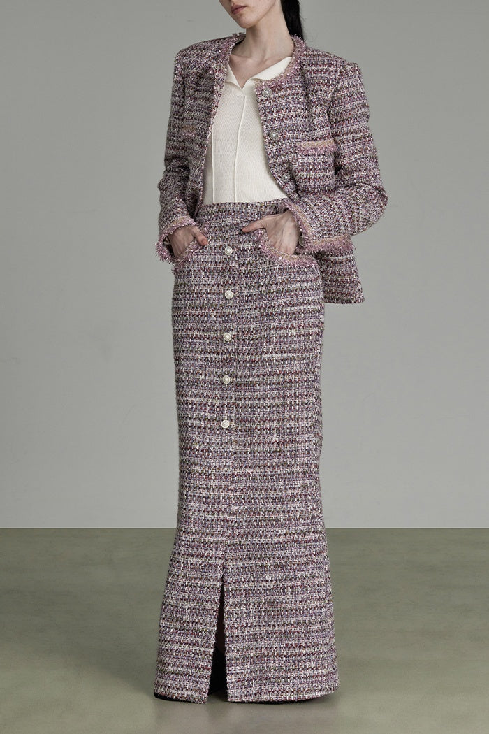 Woven Ribbon Tweed Maxi Skirt