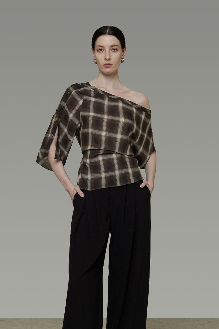 Chic Asymmetric Plaid Short Sleeve Top