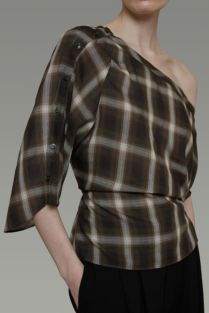 Chic Asymmetric Plaid Short Sleeve Top