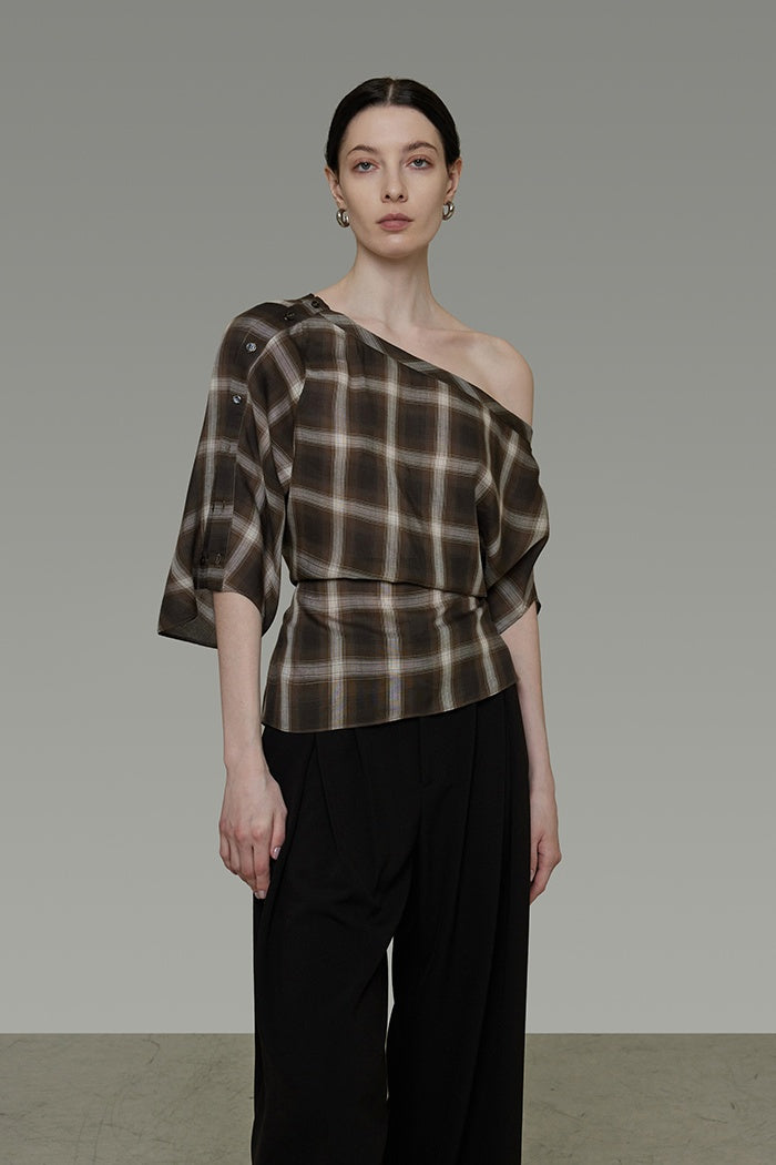 Chic Asymmetric Plaid Short Sleeve Top