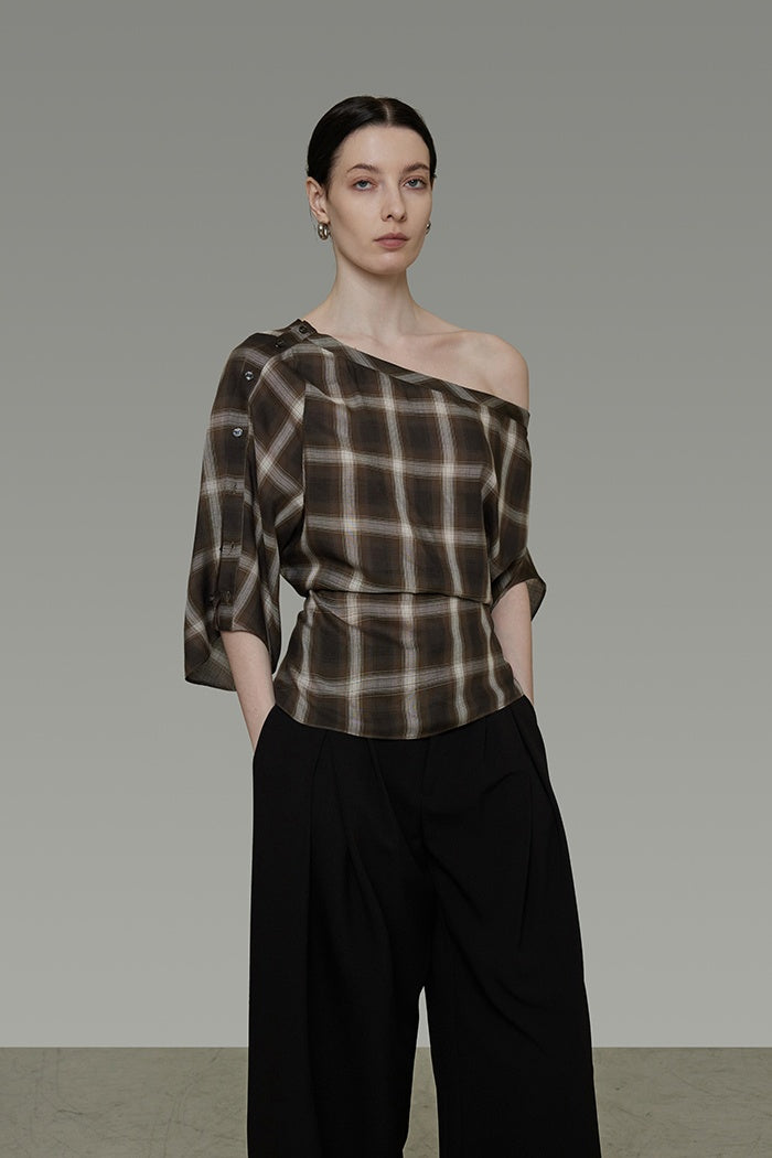 Chic Asymmetric Plaid Short Sleeve Top