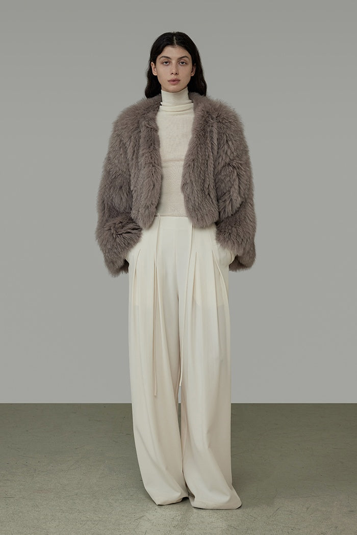 Chic V-Neck Raccoon Fur Cropped Coat