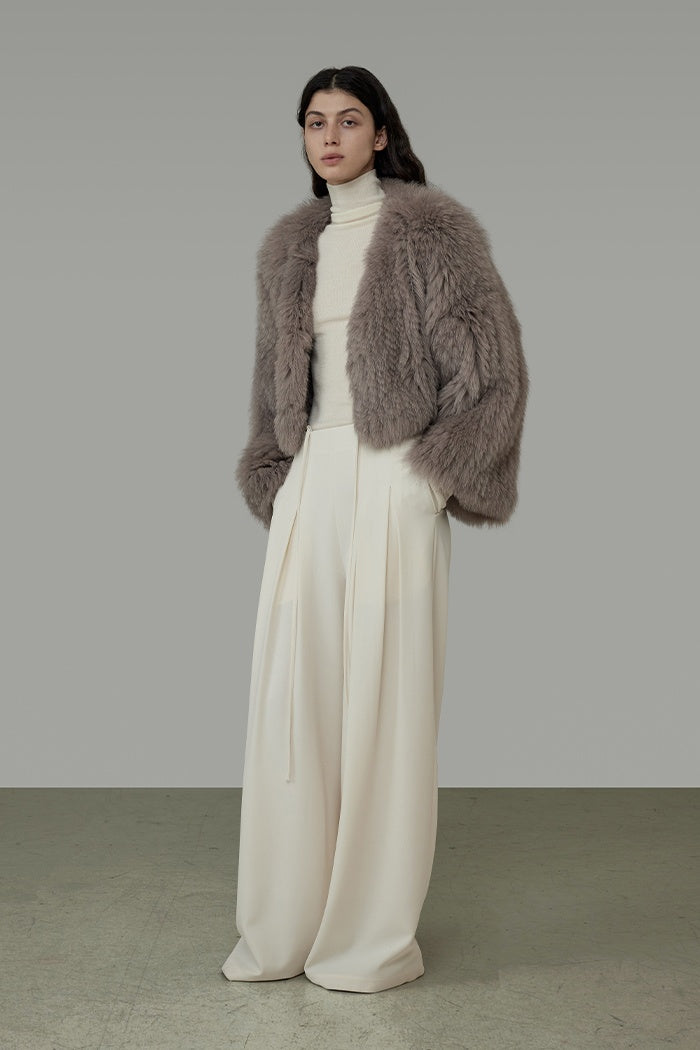 Chic V-Neck Raccoon Fur Cropped Coat
