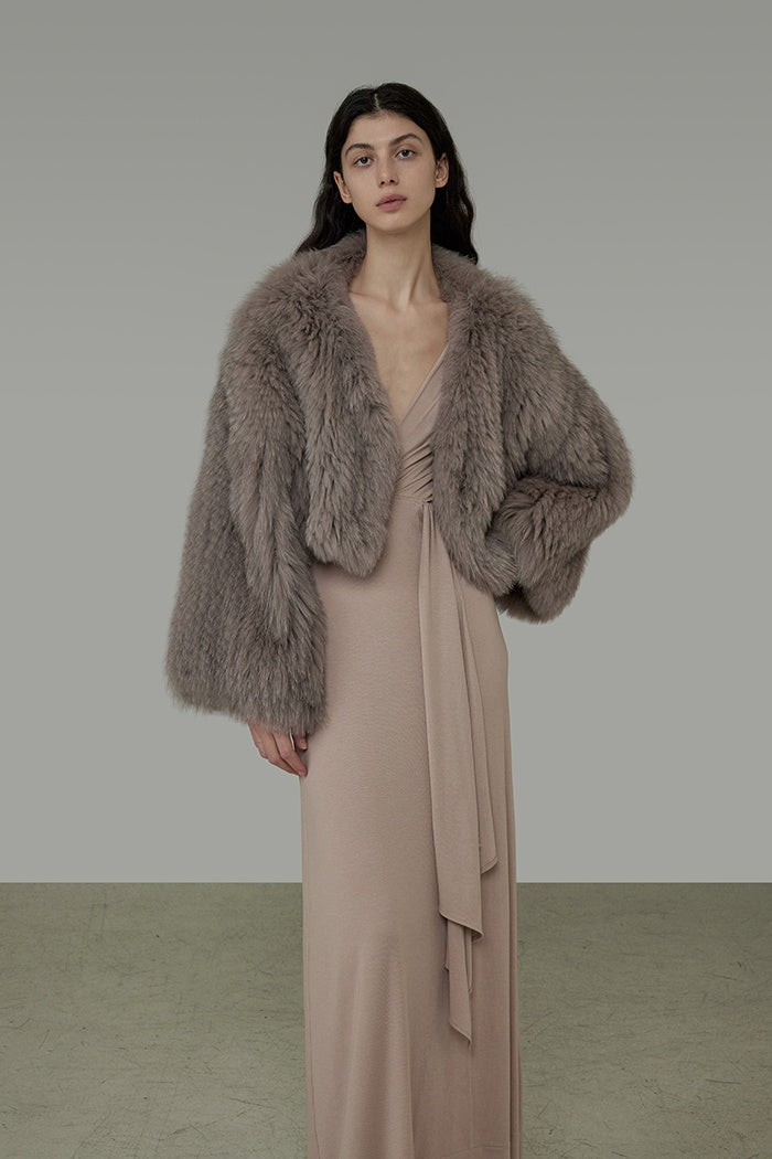 Chic V-Neck Raccoon Fur Cropped Coat