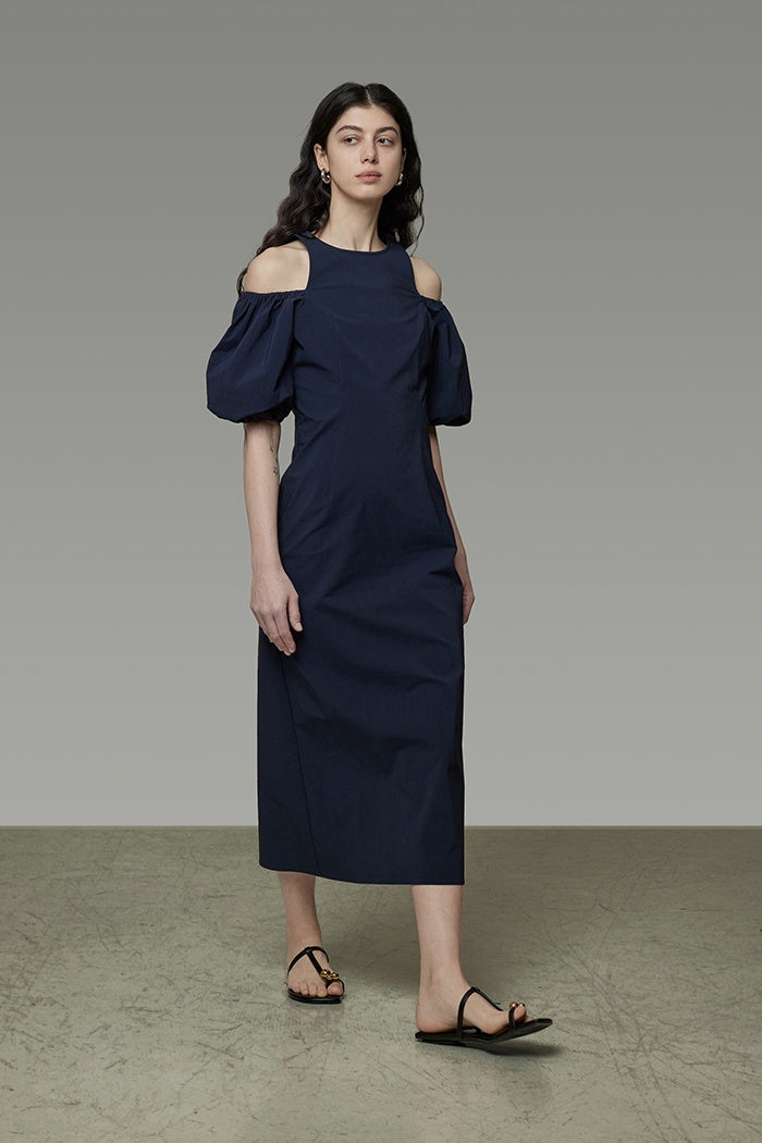 Unspoken Navy Tailored Puff Sleeve Dress