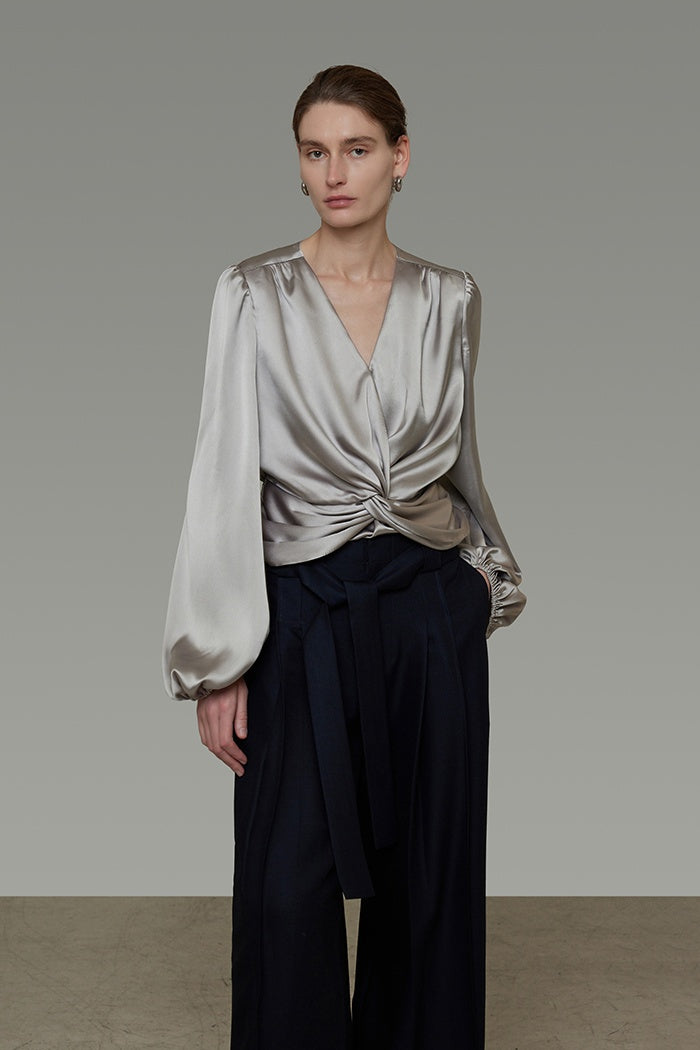 Chic V-Neck Satin Twist Blouse
