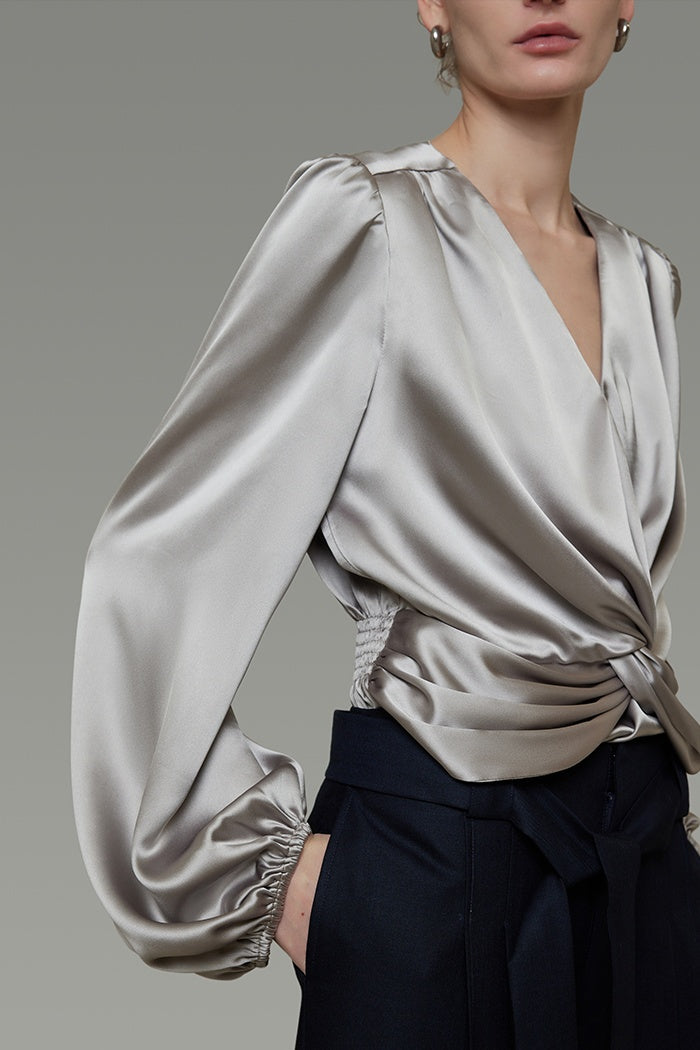 Chic V-Neck Satin Twist Blouse