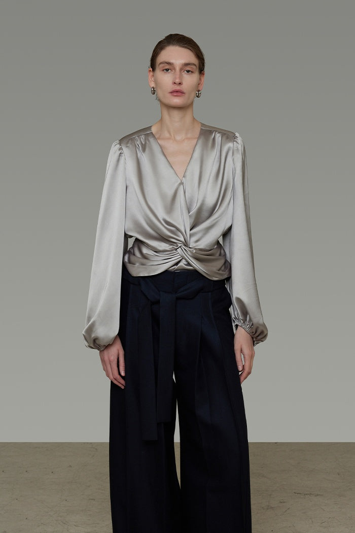 Chic V-Neck Satin Twist Blouse