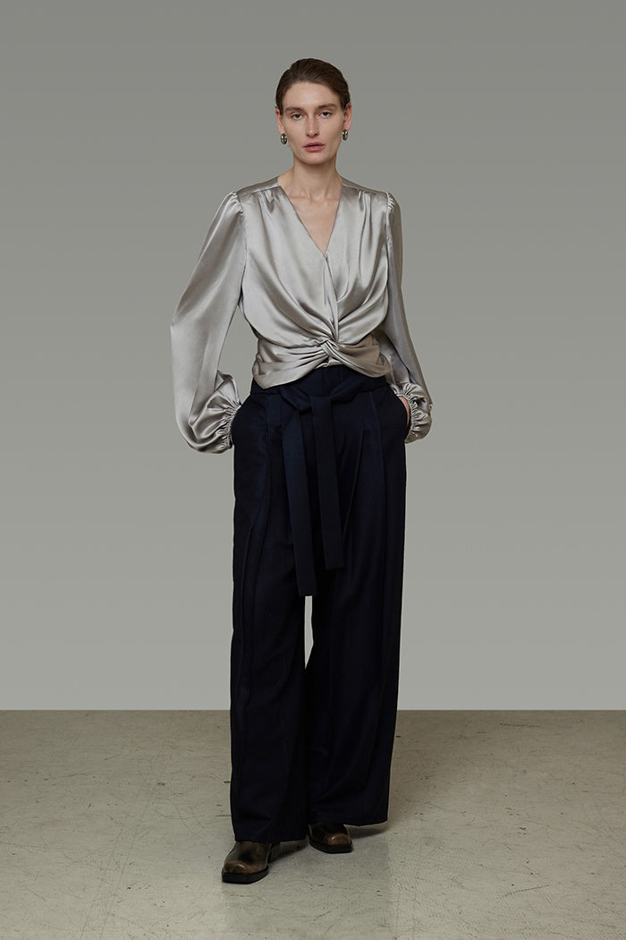 Chic V-Neck Satin Twist Blouse