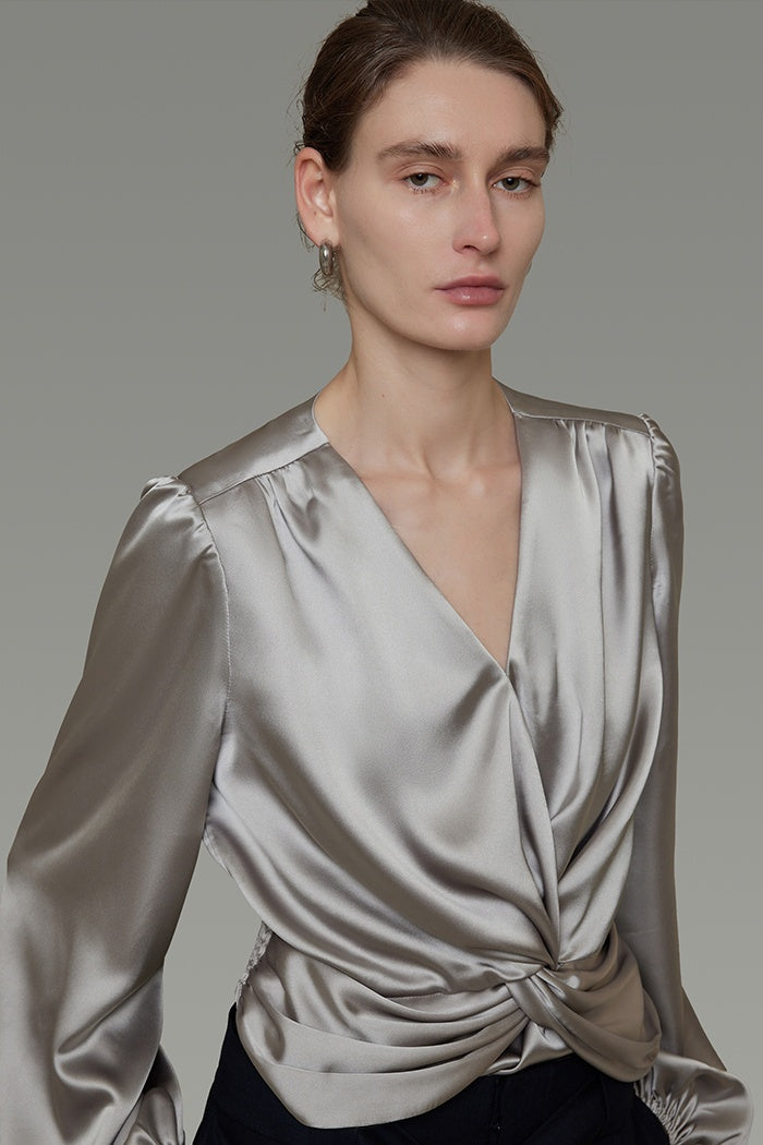 Chic V-Neck Satin Twist Blouse