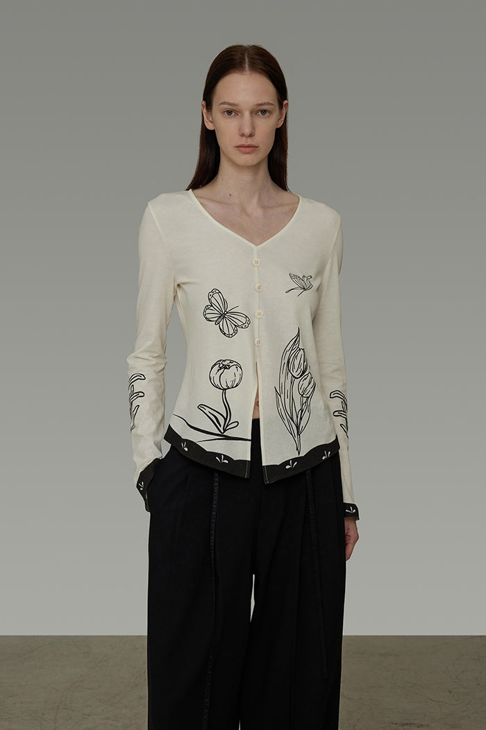Artful Sketch V-Neck Knit Top