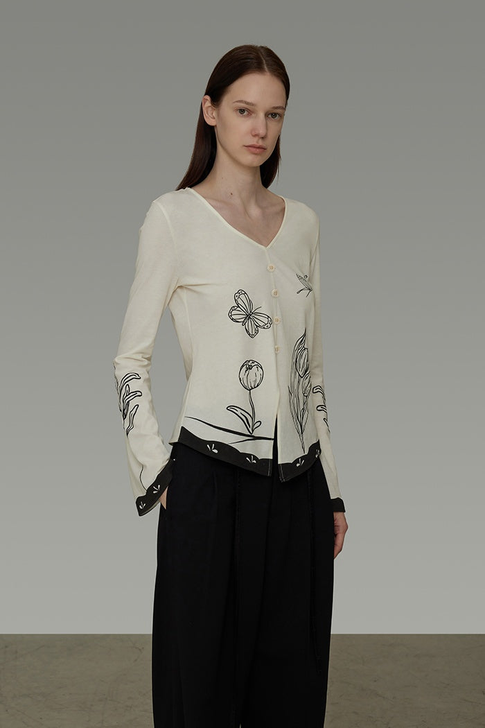 Artful Sketch V-Neck Knit Top